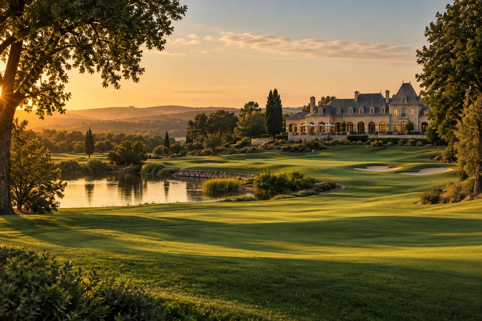 Klubhus ved en kuperet golfbane i aftensolen