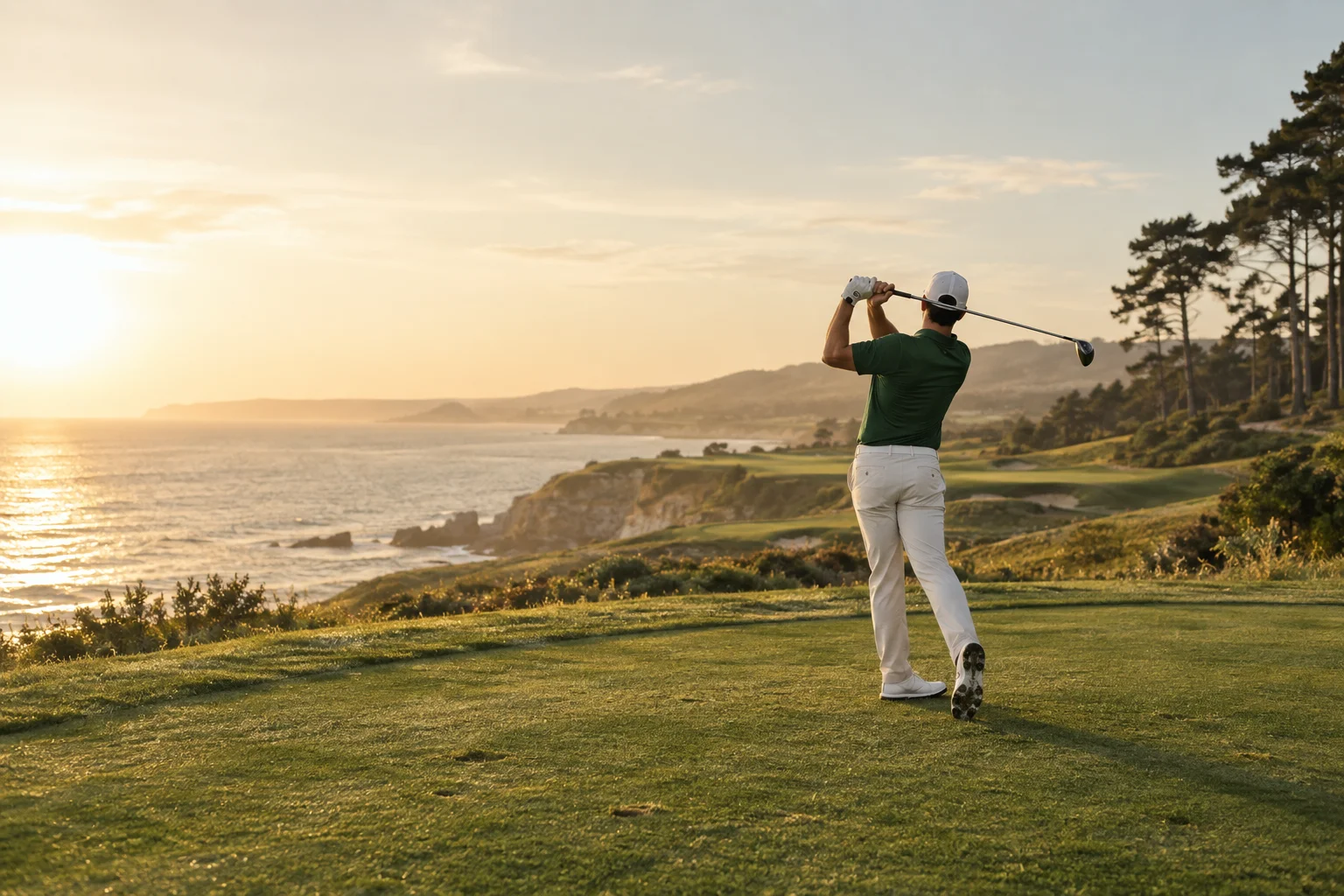 Aftensolen går ned over golfbanen