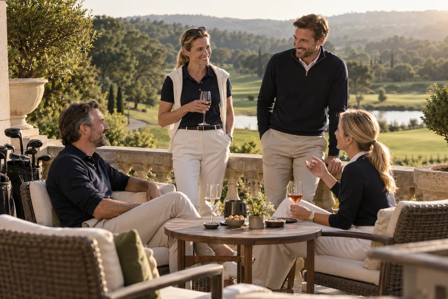 Gæster mødes på terrassen efter golfdagen