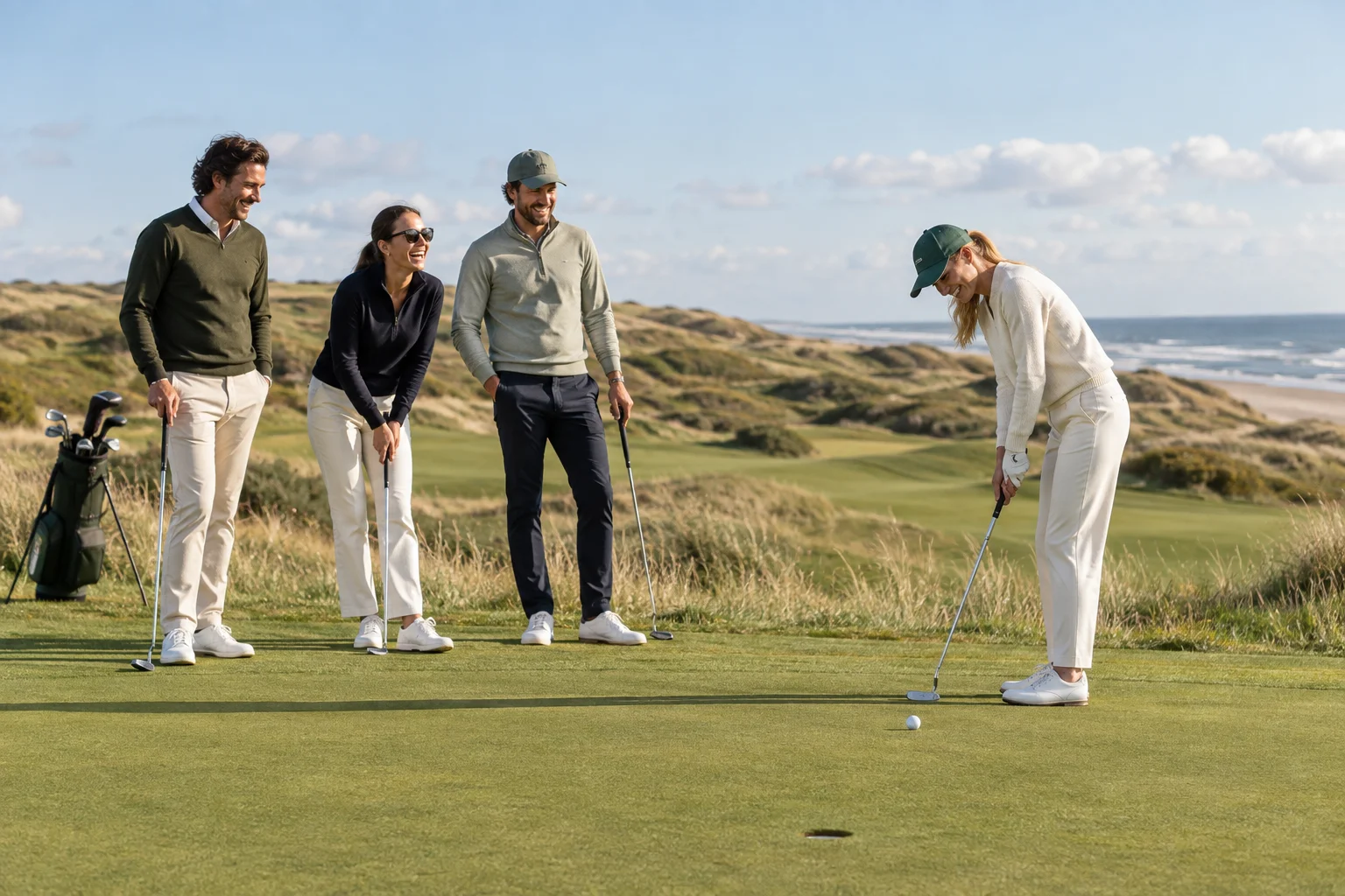 Vier Golffreunde genießen gemeinsam eine Runde auf einem Dünenplatz