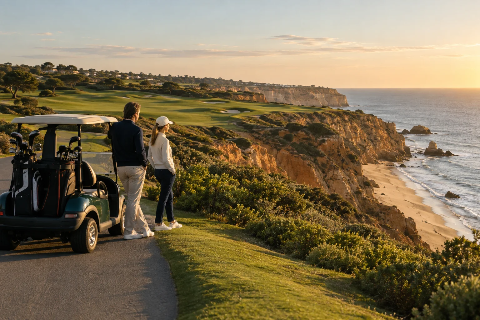Golfreisende blicken auf einen Golfplatz an der portugiesischen Küste